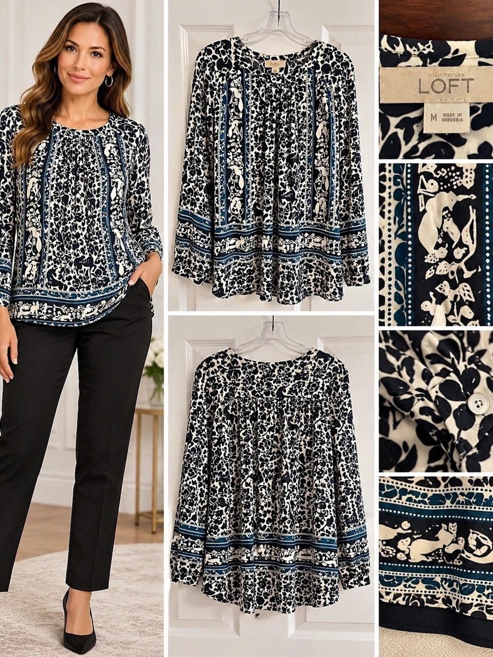 LOFT Floral Blouse in Black & Cream Size Medium